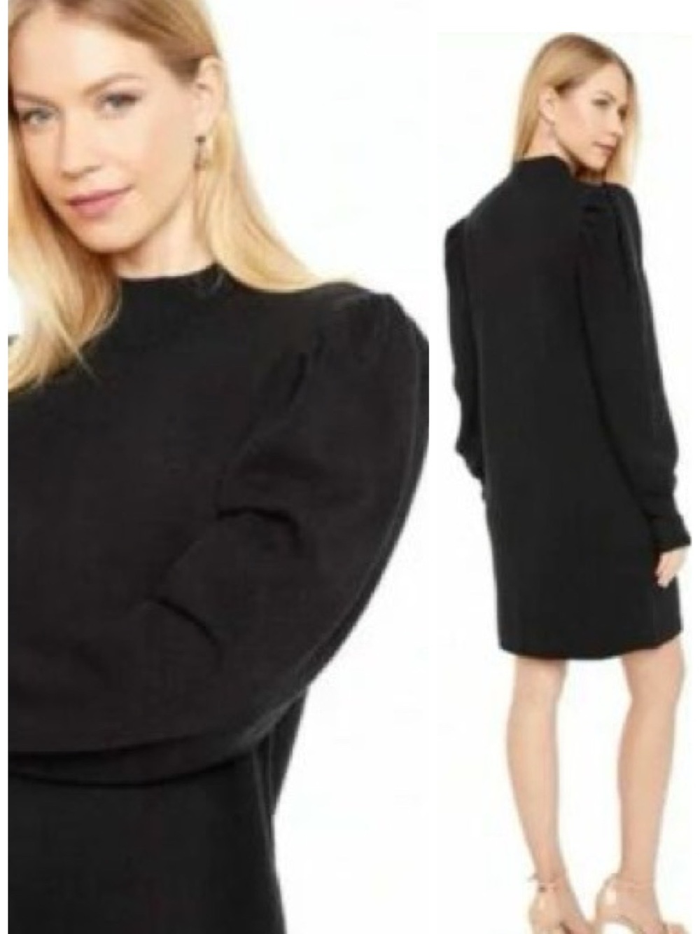 Wayf Black Lola Crew Neck Long Puff Sleeve Mini Sweater Dress Size S EUC